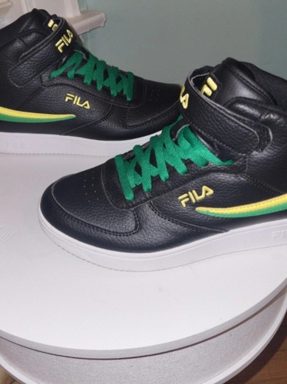 Fila Black High-Top Sneakers with Green Laces and Yellow Accents